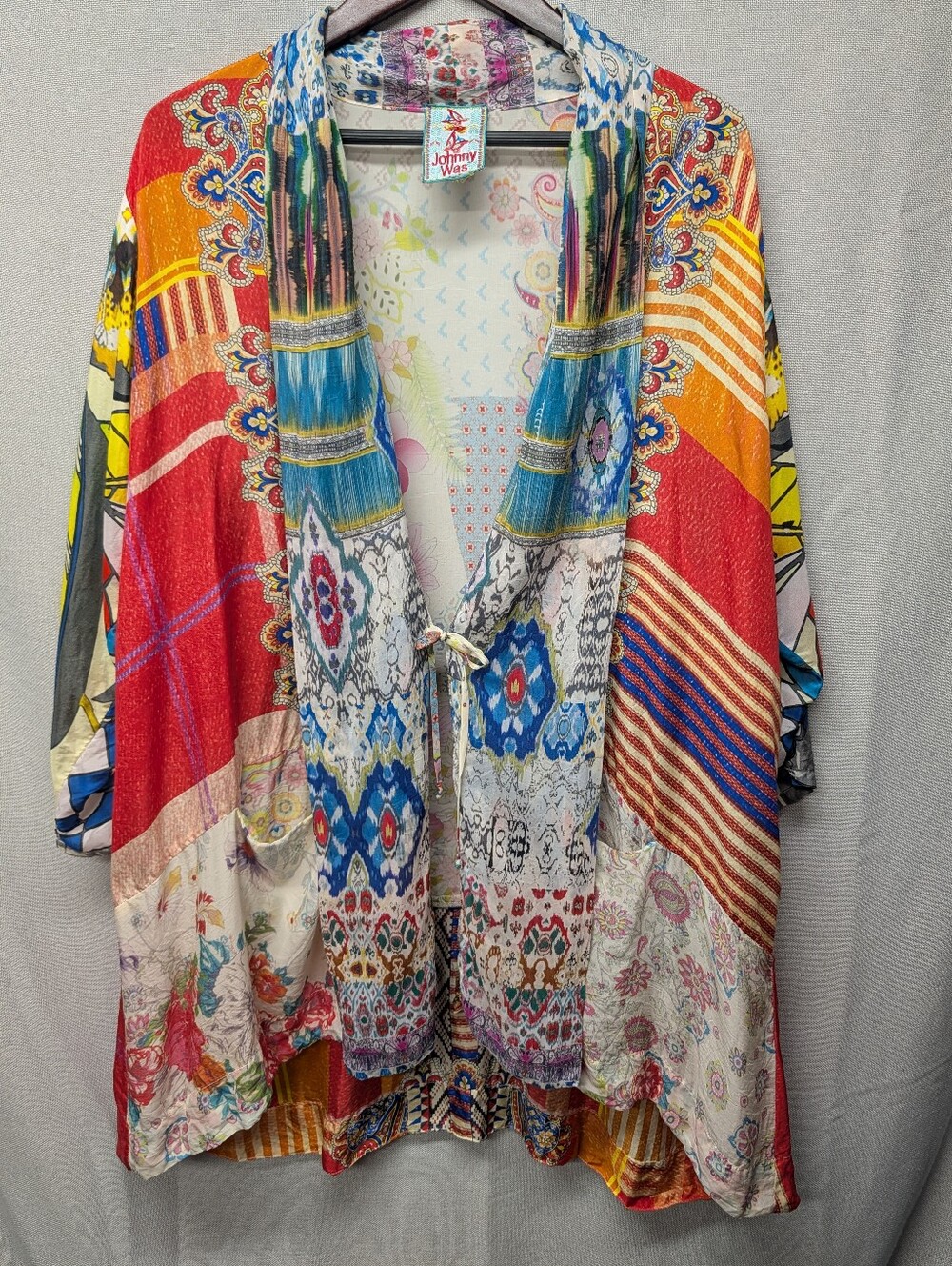 Johnny Was 100% Silk Multicolor Boho Kimono Cardigan - Vibrant Floral Patchwork